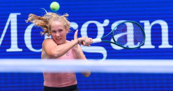 August 19, 2025, Flushing Meadows, New York, USA: Mirra Andreeva (in photo) and Daniil Medvedev during a mix doubles match against Olga Danilovic and Novak Djokovic at the 2025 US Open at USTA Billie Jean King National Tennis Center on Tuesday August 19, 2025 in the Flushing neighborhood of the Queens borough of New York City.