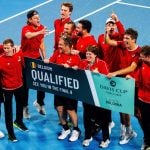 The Belgian Team celebrates after winninga a tennis match between Belgian Collignon and Australian Thompson, during the qualifier of the Davis Cup