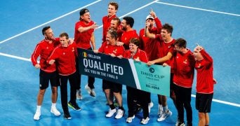 The Belgian Team celebrates after winninga a tennis match between Belgian Collignon and Australian Thompson, during the qualifier of the Davis Cup