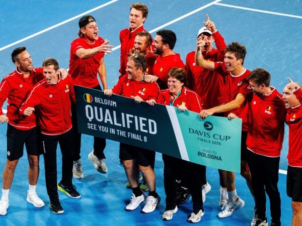 The Belgian Team celebrates after winninga a tennis match between Belgian Collignon and Australian Thompson, during the qualifier of the Davis Cup