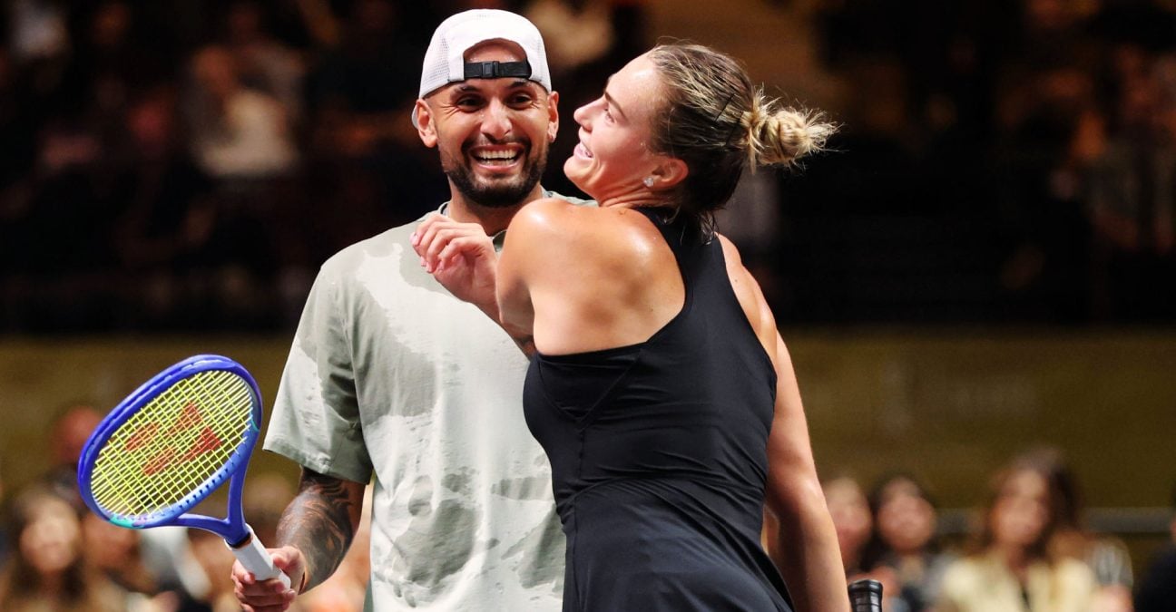 Nick Kyrgios and Aryna Sabalenka, Battle of Sexes 2025 | © Christopher Pike/Pool Photo via AP