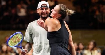 Nick Kyrgios and Aryna Sabalenka, Battle of Sexes 2025 | © Christopher Pike/Pool Photo via AP