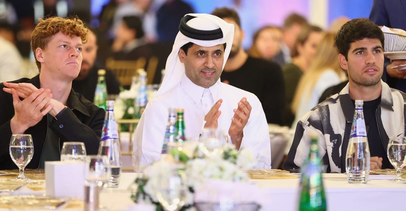 Jannik Sinner, Nasser Al-Khelaifi, Carlos Alcaraz, Doha 2026