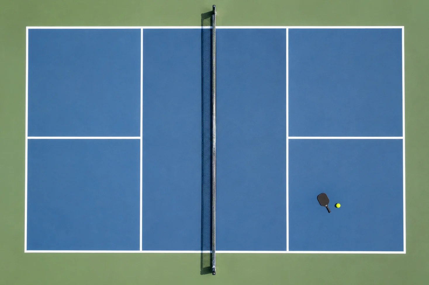 Pickleball court layout showing the kitchen non volley zone and a paddle next to a plastic ball