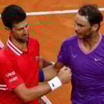Spain's Rafael Nadal shakes hands with Serbia's Novak Djokovic