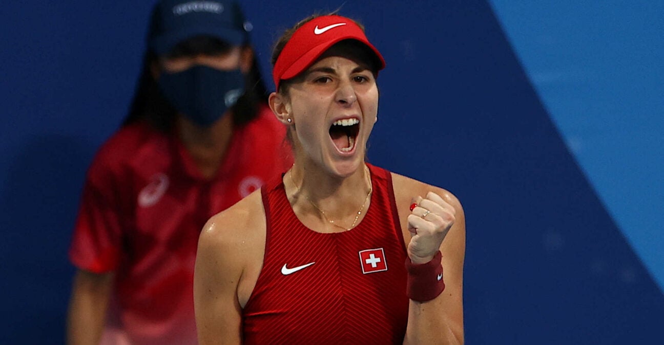 Ariake Tennis Park - Tokyo, Japan - July 24, 2021. Belinda Bencic of Switzerland celebrates after winning her first round match against Jessica Pegula of the United States