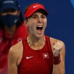 Ariake Tennis Park - Tokyo, Japan - July 24, 2021. Belinda Bencic of Switzerland celebrates after winning her first round match against Jessica Pegula of the United States
