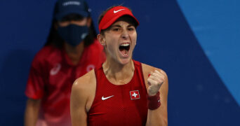 Ariake Tennis Park - Tokyo, Japan - July 24, 2021. Belinda Bencic of Switzerland celebrates after winning her first round match against Jessica Pegula of the United States