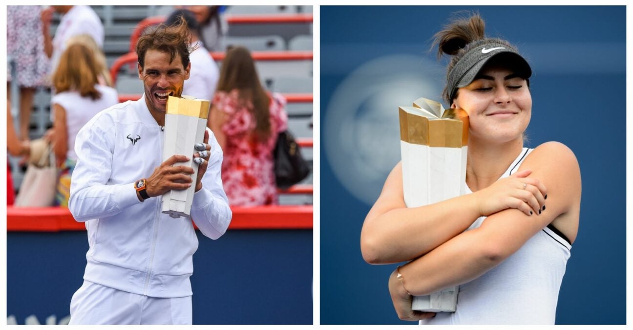 Rafael Nadal and Bianca Andreescu with their trophies afetr winning the Rogers Cup in 2019