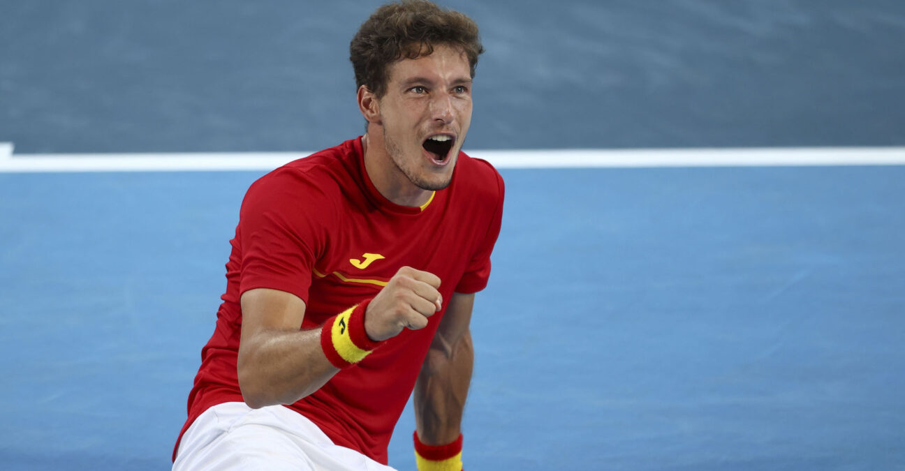 Ariake Tennis Park - Tokyo, Japan - July 31, 2021. Pablo Carreno of Spain celebrates after winning his bronze medal match against Novak Djokovic of Serbia