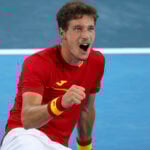 Ariake Tennis Park - Tokyo, Japan - July 31, 2021. Pablo Carreno of Spain celebrates after winning his bronze medal match against Novak Djokovic of Serbia