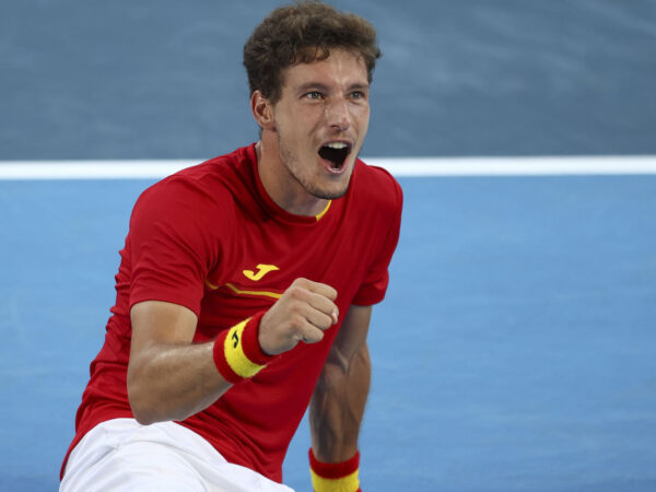 Ariake Tennis Park - Tokyo, Japan - July 31, 2021. Pablo Carreno of Spain celebrates after winning his bronze medal match against Novak Djokovic of Serbia