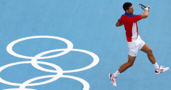 Novak Djokovic of Serbia in action during the Olympics, Tokyo