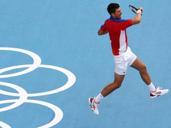 Novak Djokovic of Serbia in action during the Olympics, Tokyo