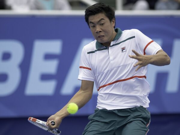 Brandon Nakashima(USA) action here loses in three sets to Yoshihito Nishioka(JPN) during their quarter-final round match at the 2020 Delray Beach Open by Vitacost.com in Delray Beach, Florida.
