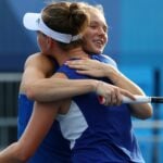Ariake Tennis Park - Tokyo, Japan - July 29, 2021. Barbora Krejcikova of Czech Republic and Katerina Siniakova of Czech Republic at the Tokyo Olympics