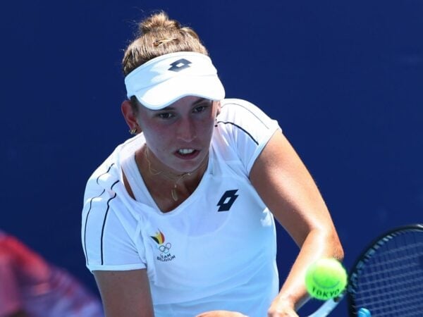 Caption: Tokyo 2020 Olympics - Tennis - Women's Singles - Round 1 - Ariake Tennis Park - Tokyo, Japan - July 25, 2021. Elise Mertens of Belgium in action