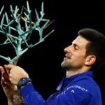 Novak Djokovic with the 2021 Rolex Paris Masters Trophy