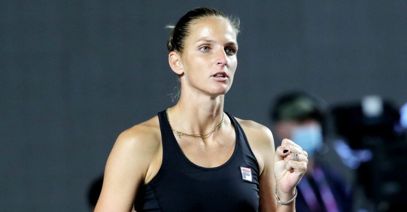 Czech Republic's Karolina Pliskova reacts during her group stage match against Spain's Garbine Muguruza