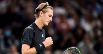 Sebastian Korda pumped his fist during a match at the Rolex Paris Masters in 2021