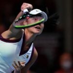 Britain's Emma Raducanu in action during her match against Romania's Elena-Gabriela Ruse at the Royal Albert Hall, London.
