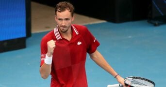 Russia's Daniil Medvedev reacts during his semi final match against Canada's Felix Auger-Aliassime at the ATP Cup