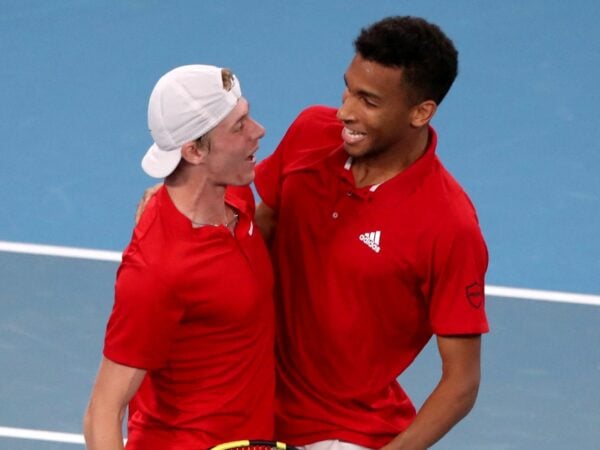 Canada's Felix Auger-Aliassime and Denis Shapovalov celebrate winning their semi final doubles match against Russia's Daniil Medvedev and Roman Safiullin at the ATP Cup