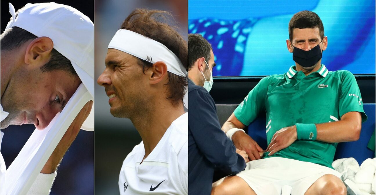 Novak Djokovic à l'Open d'Australie 2021 (à droite), victime d'une déchirure musculaire