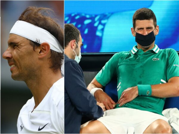 Novak Djokovic à l'Open d'Australie 2021 (à droite), victime d'une déchirure musculaire