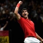 Carlos Alcaraz lors de sa victoire face au Sud-Coréen Kwon Soon-Woo en Coupe Davis à Malaga en 2022