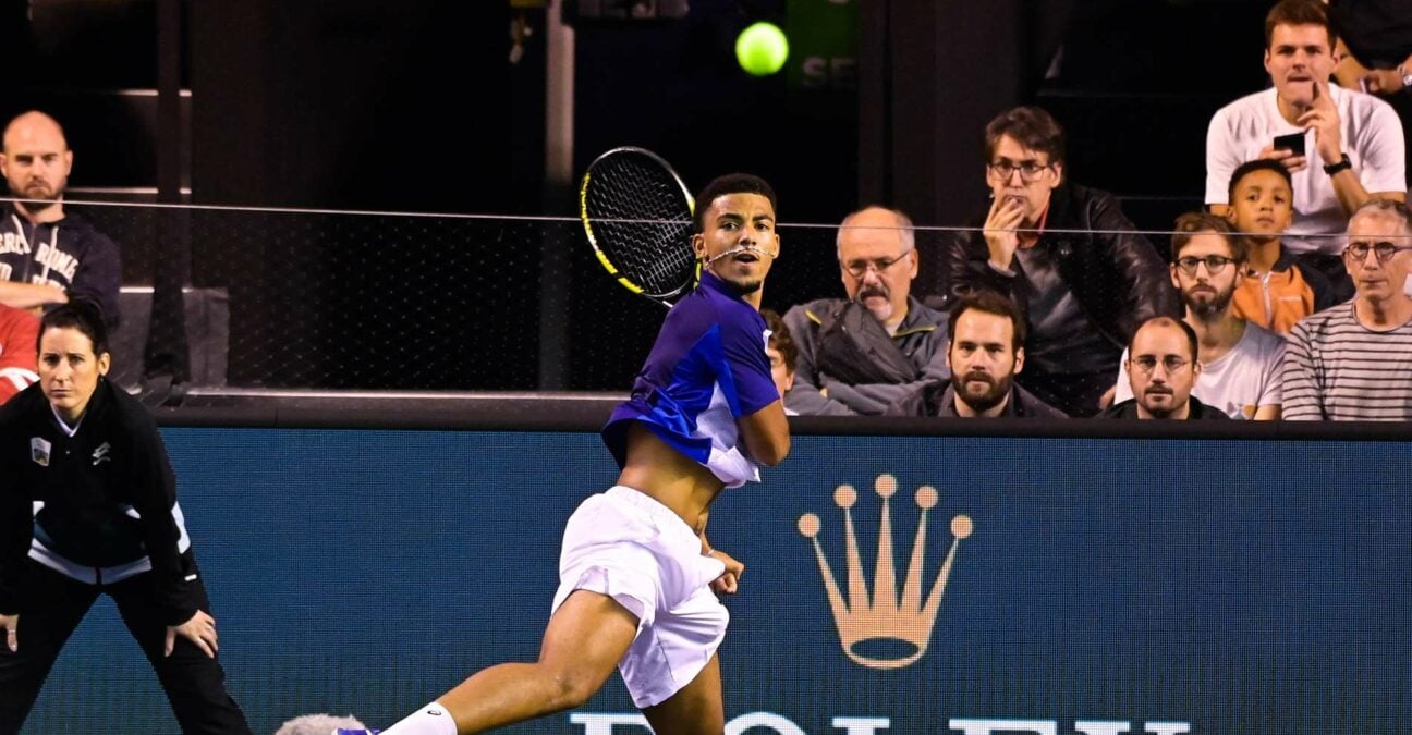 Arthur Fils hits a forehand during his match against Fabio Fognini at the quallies of Rolex Paris Masters 2022