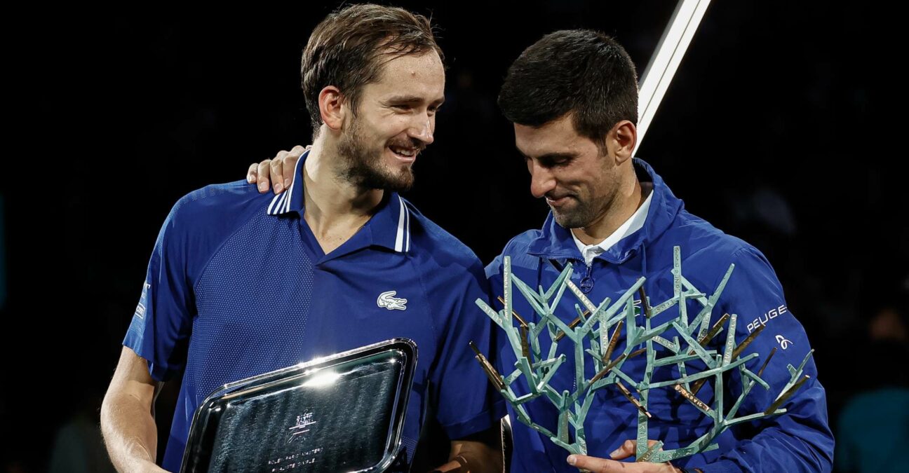 Daniil Medvedev and Novak Djokovic during the trophy ceremony after their final of Rolex Paris Masters in 2021