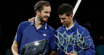 Daniil Medvedev and Novak Djokovic during the trophy ceremony after their final of Rolex Paris Masters in 2021