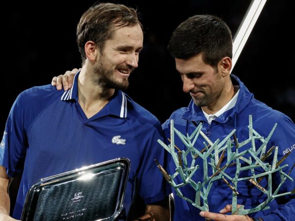 Daniil Medvedev and Novak Djokovic during the trophy ceremony after their final of Rolex Paris Masters in 2021