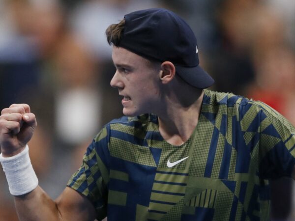 Holger Rune pumps himself during his semi-final against Roberto Bautista Agut in Basel in 2022