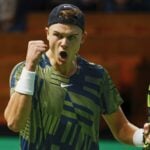 Holger Rune celebrates during the final in Stockholm against Stefanos Tsitsipas in 2022