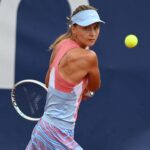 Belgium Maryna Zanevska hits a bakchand from baseline during a match in Parma in 2022 at