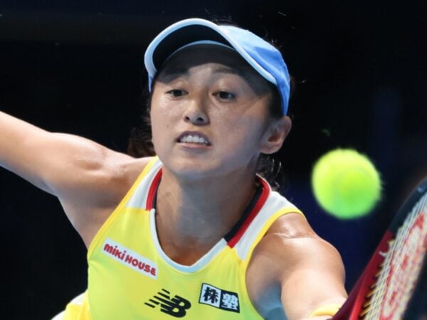Misaki Doi returns during a match in Tokyo in 2022
