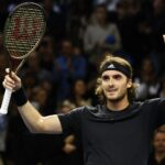 Stefanos Tsitspas is celebrating after beating Mikael Ymer in Stockholm in 2022