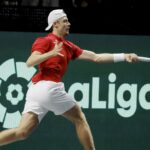 Denis Shapovalov Davis Cup return forehand indoor cap