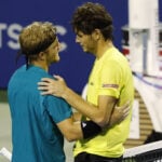 Jul 25, 2025; Washington, D.C., USA; Alejandro Davidovich Fokina (ESP)(L) shakes hands with Taylor Fritz (USA)(R) at the net after their men's singles quarter-final of the Mubadala Citi DC Open at Rock Creek Park Tennis Center. Mandatory Credit: Geoff Burke-Imagn Images/Sipa USA/62962259/sb4/2507260810